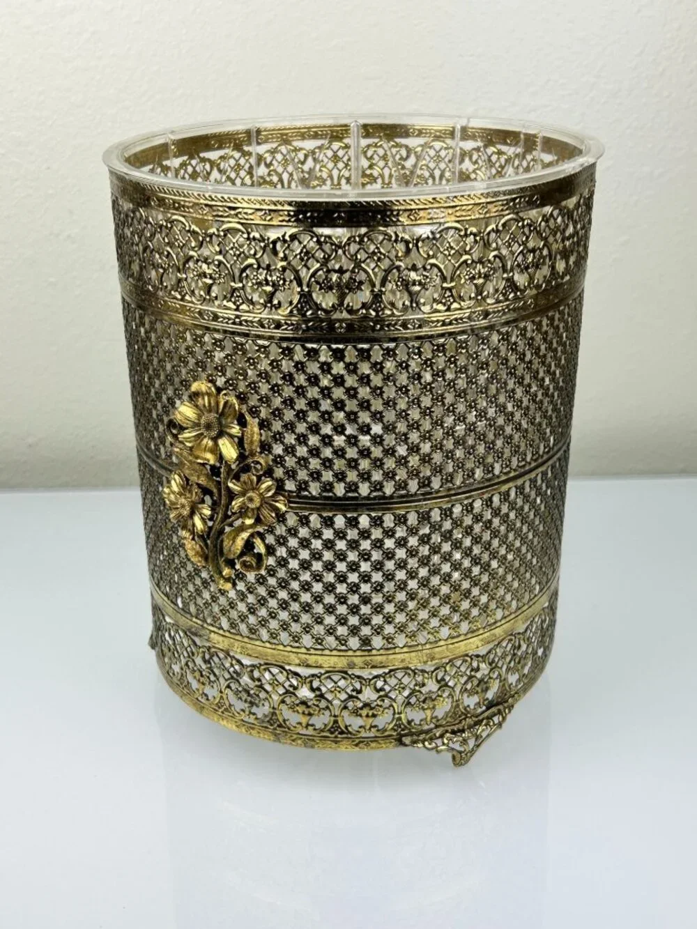 Gold Filigree Ormolu Rose Trash Can Waste Bin Clear Liner Hollywood Regency MCM